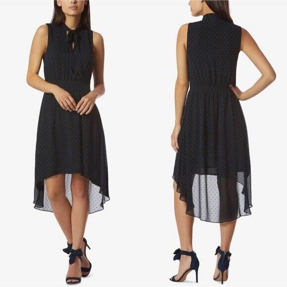 Avec Les Filles Lapis Dot Tie Neck High Low Dress Sz M Black Sleeveless Side Zip